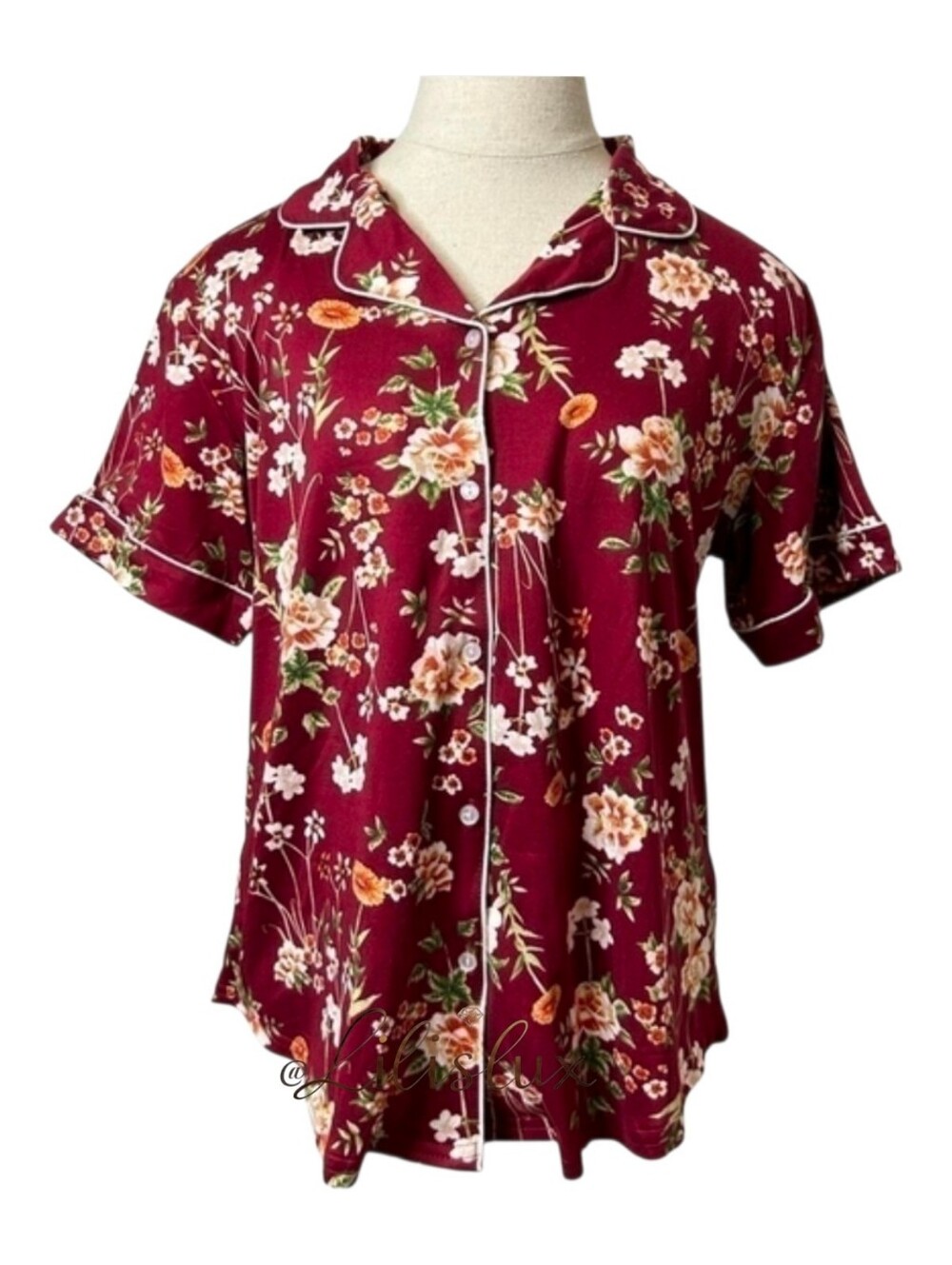 Flora By Flora Nikrooz Size Small Pajama Top Button Down Maroon & Floral NWOT